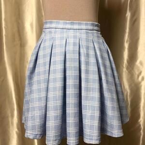 Baby blue plaid pleated A-line flowy skater skirt